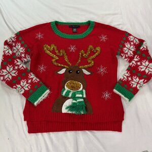 Cute ugly red reindeer Christmas sweater Large     Lot D